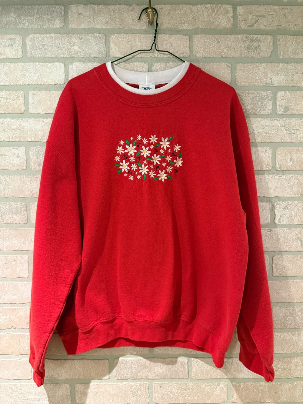 VTG 90s PFI Fashions Floral Daisy Ladybugs Knit Crew Neck Pullover Sweatshirt XL